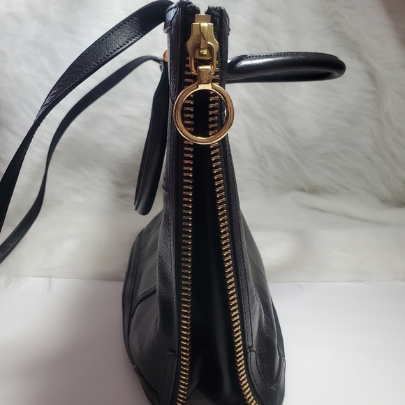 Lauren by Ralph Lauren Black Leather Satchel Tote Bag, Side Zippers to Expand - Picture 5 of 10